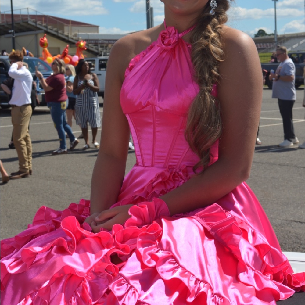 Sherri Hill Hot Pink Ruffled Halter Prom Dress